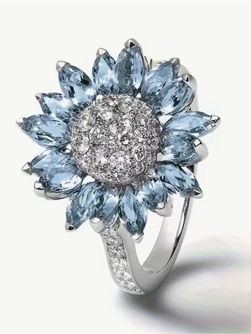 Silver-Tone Sunflower Cocktail Ring with Light Blue Stones